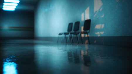 In a quiet hallway, three empty chairs sit in a row, casting shadows on the wet floor. Soft blue lights create a mysterious atmosphere, enhancing the solitude of the space.の写真素材