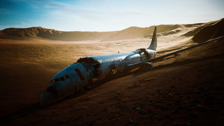 In a stark and isolated landscape, an abandoned airplane lies partially buried in the earth, surrounded by vast, barren terrain under a warm, golden sunset.の写真素材