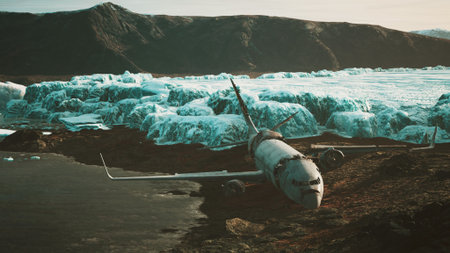 A dramatic scene unfolds as a plane wreck lies beside a glacial shoreline.の写真素材