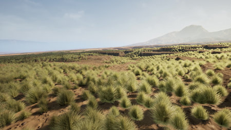 A serene landscape featuring lush green grass covering the sandy ground, leading to mountains that...