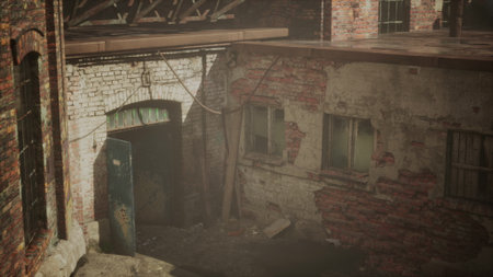 A quiet alley nestled between old buildings shows worn down bricks, cracked walls, and a rusty door. Sunlight softly illuminates this forgotten corner, evoking a sense of mystery and decay.の写真素材