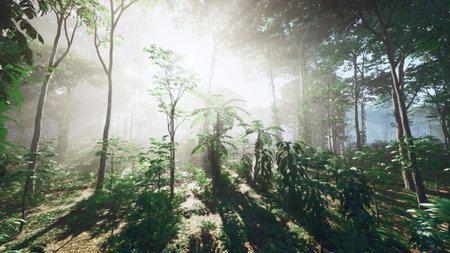 Morning light pours through tall trees, illuminating a tranquil forest. Shadows dance among the ferns as a gentle breeze rustles the leaves, creating a peaceful atmosphere.の写真素材