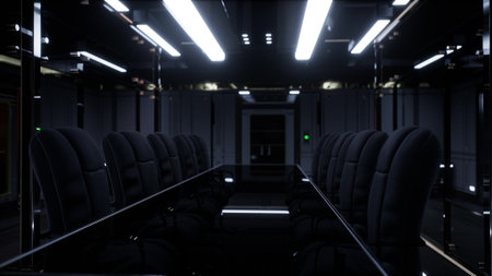 In a contemporary conference room, a long glass table sits under bright linear lights. Black...