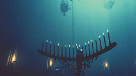 Soft light from candles dances on the ornate chandelier in a dimly lit room. Shadows play against the walls as evening descends, creating a mystical atmosphere.の写真素材