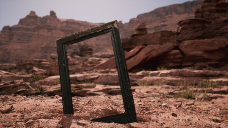 An empty picture frame stands upright on the sandy ground, surrounded by rocky formations and distant cliffs. The scene evokes a sense of solitude and curiosity in nature.の写真素材