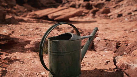 A vintage watering can sits quietly on the parched earth, surrounded by dry rocks. Bright sunlight shines down on the can, highlighting its aged surface and texture.の写真素材
