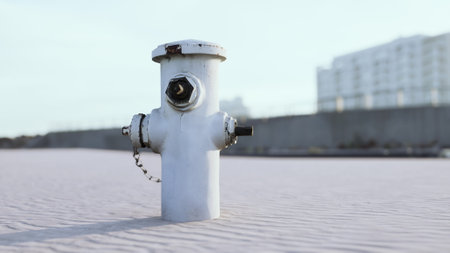 A white fire hydrant stands alone on a sandy surface, catching the soft morning light. Gentle waves can be seen in the background, creating a serene and peaceful atmosphere.の写真素材
