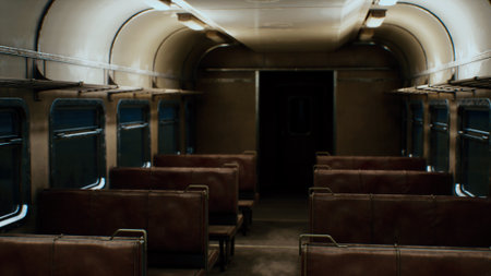 Inside a quiet vintage train carriage, shadows dance across the seats as the last light of dusk filters through the windows, evoking a sense of nostalgia and stillness.の写真素材