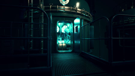A hidden underwater facility glows with teal lights as shadows loom in the background. Metal walls and ladders create a sense of depth and intrigue within this secretive environment.の写真素材