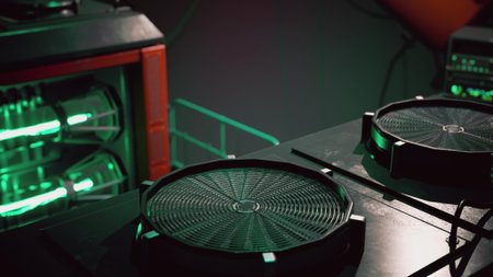 Inside a futuristic sound studio, equipment glows with green light. The room is filled with advanced technology, and the atmosphere is buzzing with creativity and energy.の写真素材