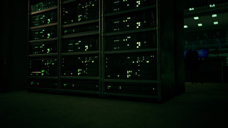 In a darkened control room, rows of data servers pulse with green lights, creating a mysterious ambiance. The quiet hum of technology fills the air, highlighting the importance of digital data.の写真素材