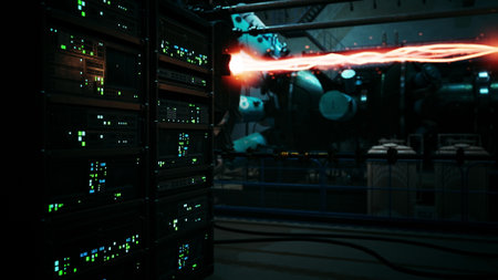 In a dark industrial space, glowing green server racks stand tall while a brilliant energy beam...