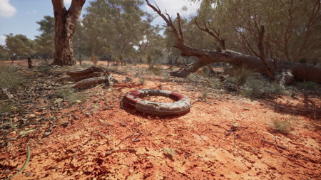 A weathered life ring lies forgotten on cracked, reddish earth beneath a bright sky. Surrounding it are sparse trees and parched vegetation, evoking a sense of isolation and neglect.の写真素材