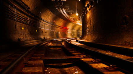 A mysterious underground tunnel stretches into the distance, featuring rusted tracks and soft,...