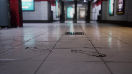 Footprints are seen on the tiled floor of a dimly lit subway station. The space is nearly empty, revealing a sense of calm in the bustling city during early morning.の写真素材