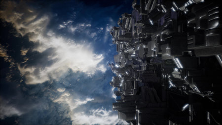Shimmering metallic forms ascend towards a vast sky filled with dynamic clouds. The interplay of...