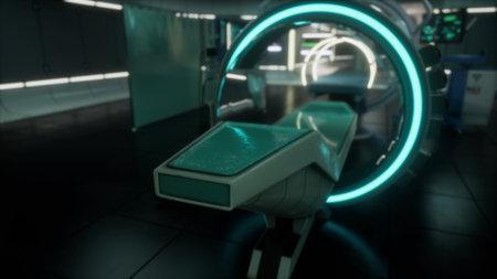 A sleek examination table sits under bright lights in a high tech hospital room. Glowing circles illuminate the area, showcasing advanced medical technology.の写真素材