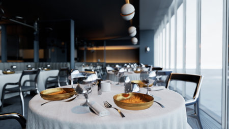 Tables are beautifully arranged with shining cutlery and fine glassware. Soft light creates a welcoming atmosphere as the skyline glimmers in the background at sunset.の写真素材