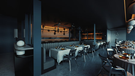 A sophisticated dining space featuring sleek furniture, softly glowing lights, and neatly set tables. The atmosphere invites guests to enjoy delicious meals in a stylish setting.の写真素材