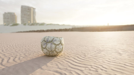 A weathered soccer ball sits alone on a sandy beach as the sun sets behind tall buildings. The warm...
