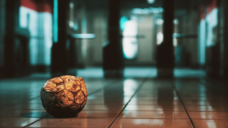A worn, textured ball lies on a glossy tiled floor in an empty hallway. Dim light creates shadows, enhancing the stillness of the abandoned space. Time seems to stand still in this forgotten location.の写真素材