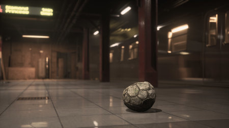 An old soccer ball rests on the polished tiles of a dim subway station. The atmosphere is still, with trains awaiting travelers adding to the sense of solitude and silence.の写真素材