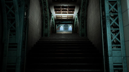 A dimly lit staircase ascends towards an arched window at the top. The cool tones and architectural details create a sense of mystery. Shadows dance along the walls as light filters in.の写真素材