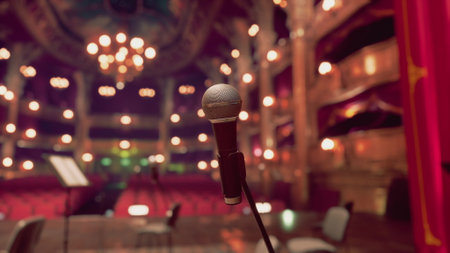A microphone stands in the foreground, highlighting a beautifully decorated theater stage with soft, warm lights. Empty chairs await the audiences arrival, creating an atmosphere of anticipation.の写真素材