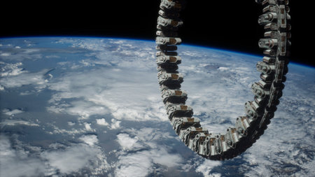 A massive, circular space station hovers above the beautiful blue and white Earth. Clouds swirl...