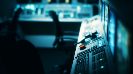 A dimly lit control room features various screens and equipment. Several chairs are positioned...