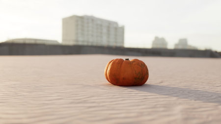 A vibrant orange pumpkin sits solitary on a stretch of warm sand, bathed in soft sunlight. Behind it, sleek buildings rise, creating a striking contrast with the natural scene.の写真素材
