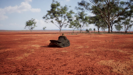 A lonely hat sits on the dry, cracked red soil of a vast desert landscape. Surrounding it are sparse trees and a clear blue sky, creating a tranquil yet desolate scene.の写真素材