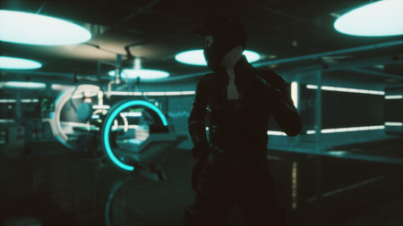 A dark, sleek figure stands in a high tech environment filled with glowing blue lights and innovative designs. The atmosphere suggests a blend of exploration and intrigue.の写真素材