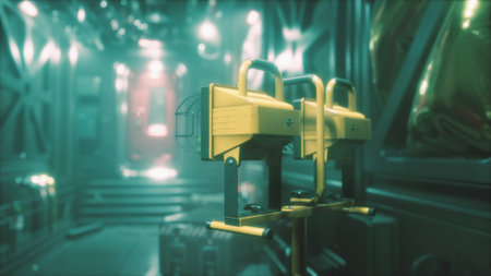 In a dimly lit industrial area, bright yellow floodlights cast a warm glow. The atmosphere is filled with a mix of mystery and anticipation as shadows play on the walls, hinting at untold stories.の写真素材