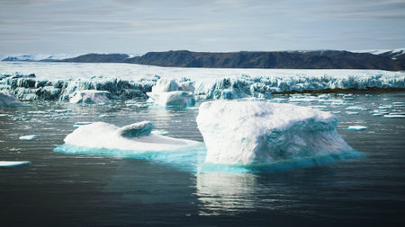 In a stunning frozen landscape, majestic glaciers tower over calm waters. The blue icebergs reflect...