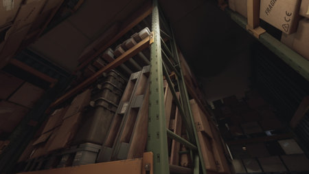 In a dimly lit warehouse, towering shelves filled with boxes and containers create a maze of storage. The steel ladder leans against the shelves, adding a sense of height and industrial charm.の写真素材