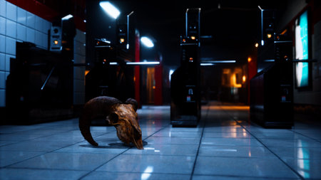 An unusual horned object rests on the shiny tiles of an empty subway station at night. The dimly lit area creates an eerie atmosphere as the machines stand silently.の写真素材
