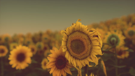 A vibrant field of sunflowers stands tall as the sun sets. The warm hues of the sky create a stunning backdrop, enhancing the beauty of the flowers in full bloom.の写真素材