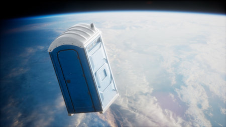 A bright blue porta potty drifts in the vastness of space, suspended above the Earths surface.の写真素材