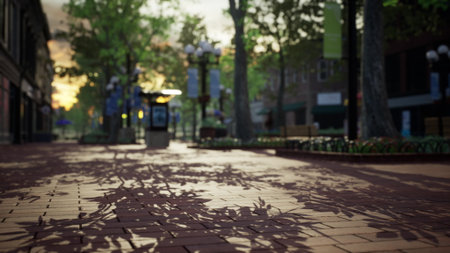 Golden light filters through trees as shadows play on quaint cobblestones in a lively town square. Benches line the path, inviting passersby to enjoy the serene evening atmosphere.の写真素材