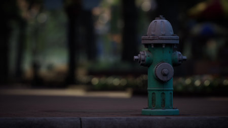 A vibrant fire hydrant sits on a street corner, surrounded by a peaceful park under the evening sky. Soft lights flicker, highlighting its bright colors against the darkening background.の写真素材