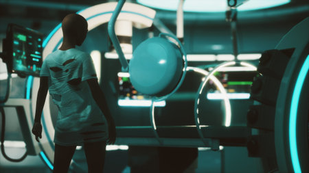 A curious figure stands in a high tech laboratory filled with glowing equipment and advanced technology. The atmosphere is mysterious, highlighting the innovative tools used in scientific exploration.の写真素材