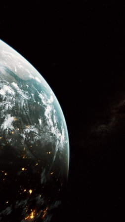 Planet Earth as seen from space, illuminated by city lights and natural phenomena at night.の写真素材