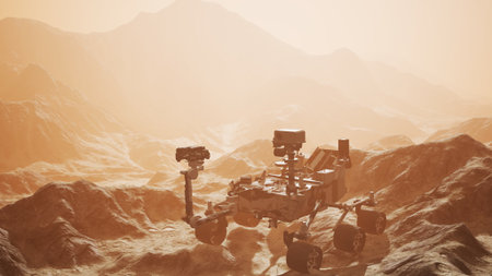Rover navigates the rugged terrains of Mars under a golden dusk sky, exploring the ancient crust and uncovering the planets mysteries while seeking signs of past life.の写真素材