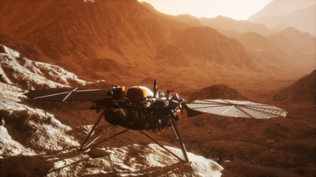 A robotic lander surveys the rugged landscape of Mars, capturing detailed geological features under...