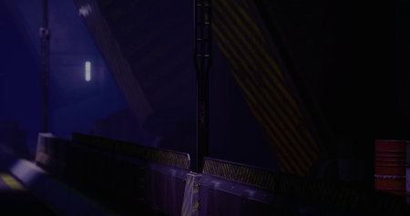 A dark corridor reveals industrial structures with metal beams and dramatic shadows. The atmosphere...