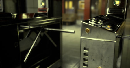 Metal turnstiles stand at the entrance of a subway station. The empty space indicates an early...