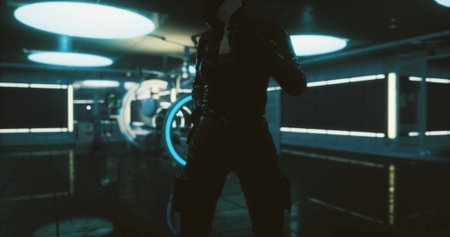 A figure stands in a dimly lit high tech laboratory filled with glowing blue lights and futuristic equipment. The atmosphere feels mysterious and advanced, suggesting innovative research.の写真素材