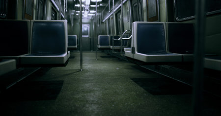 Under the dim lights of an empty subway car, the quiet atmosphere speaks volumes about the late night journeys and stories left untold. Shadows dance on the floor as solitude reigns.の写真素材