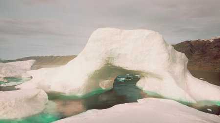 A stunning ice arch stands tall above serene water, reflecting the soft light of dusk. Surrounded by rugged mountains, this natural wonder captures the beauty of the Arctic wilderness.の写真素材